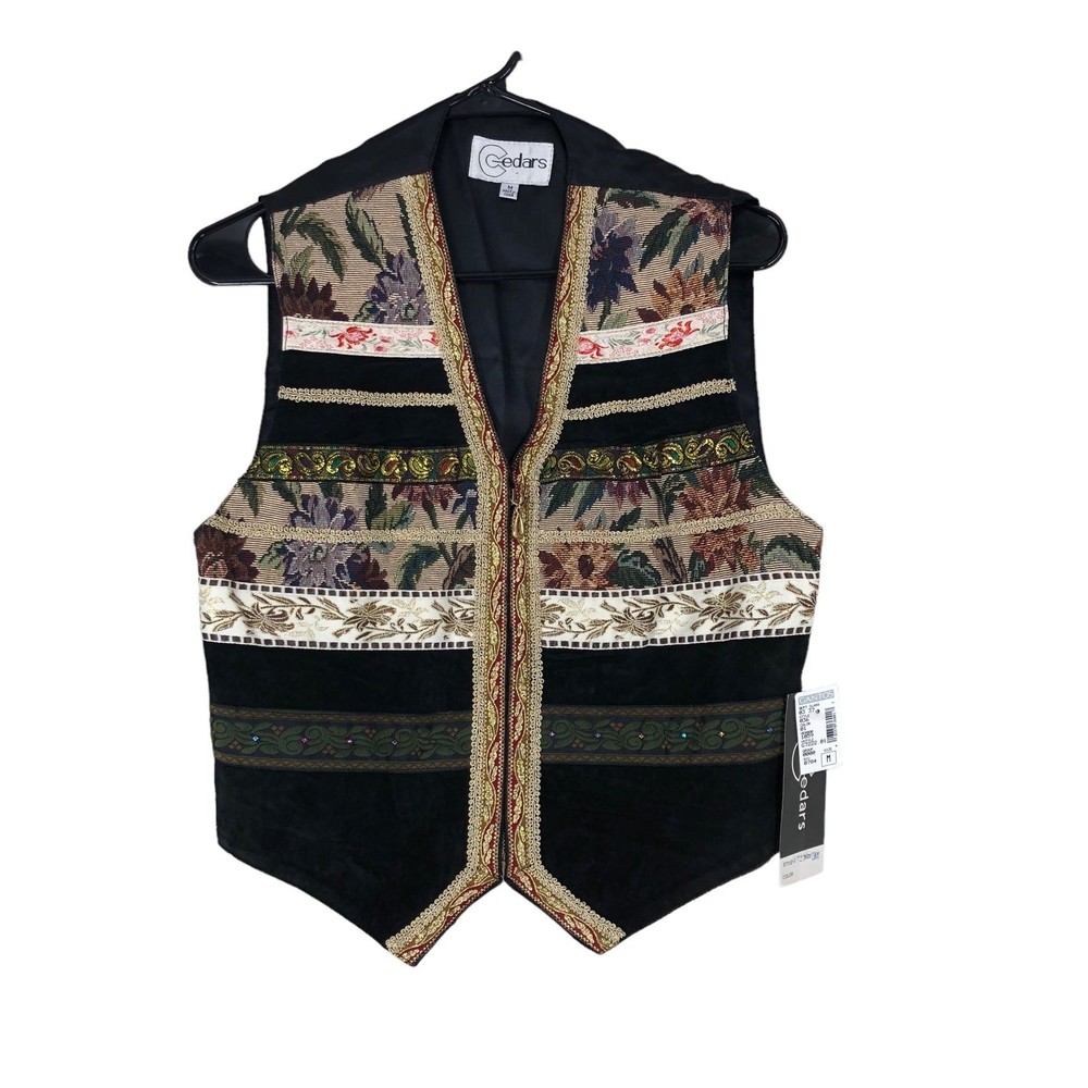 Vintage 90s Victorian Cowgirl Vest, Full Zip, Baroque Fabric, Satin Back M NWT